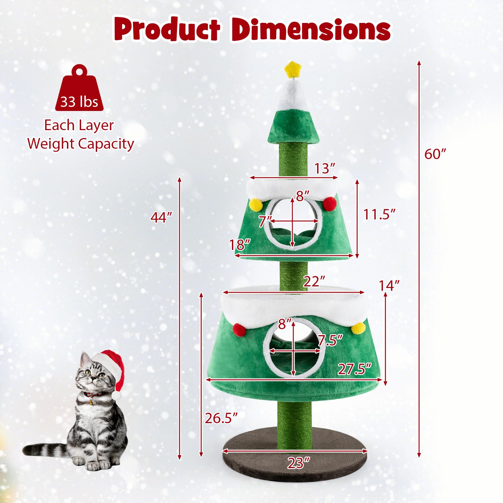Petsite 60 Inch Christmas Cat Tree, Cute Cat Tower With 2 Condos, Sisal Scratching Posts, Spring Toy, Removable Beds, Modern Hol